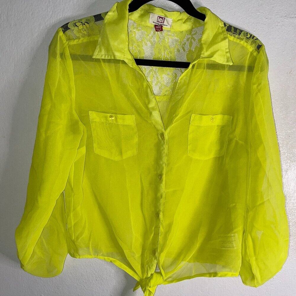 Y2K Neon Yellow Sheer Chiffon Tie Front Blouse Bandeau Juniors L LEI